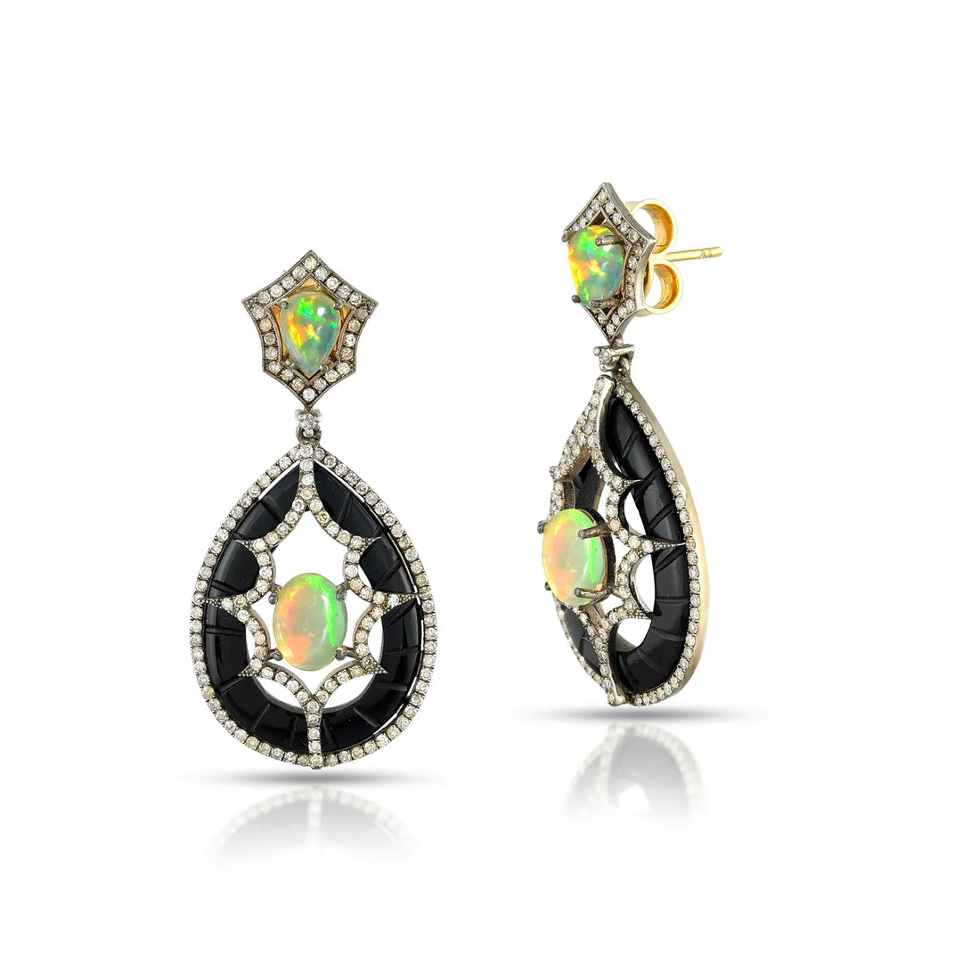 Opal & Onyx Victorian Silver-Gold Teardrop Drop Earrings