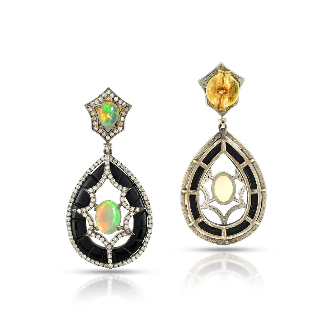 Opal & Onyx Victorian Silver-Gold Teardrop Drop Earrings