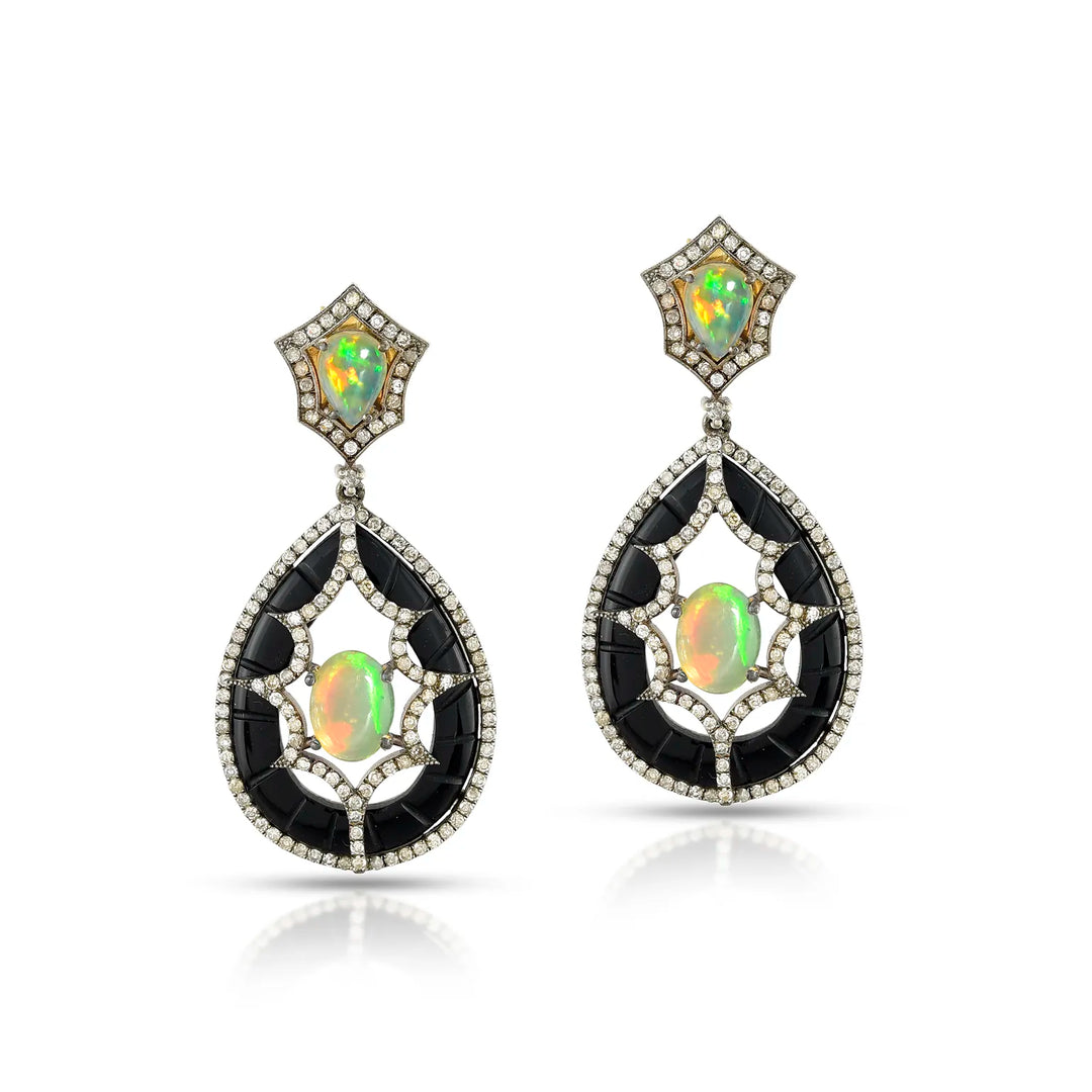Opal & Onyx Victorian Silver-Gold Teardrop Drop Earrings