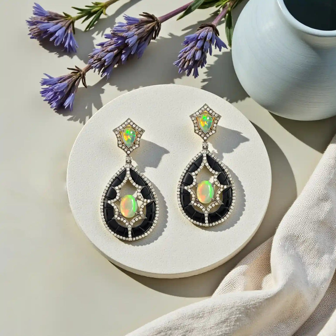 Opal & Onyx Victorian Silver-Gold Teardrop Drop Earrings