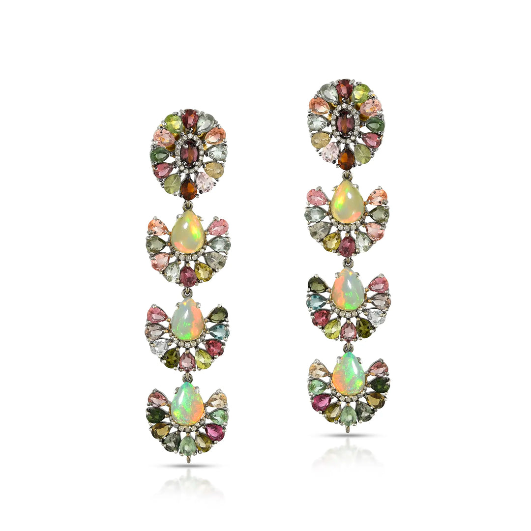 Opal & Multicolour Tourmaline Victorian Silver-Gold Chandelier Earrings
