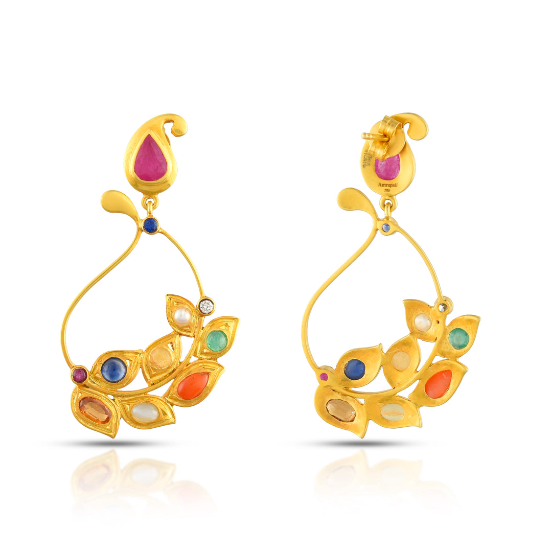 Navratna Leaf Drop Earrings in 18 Kt