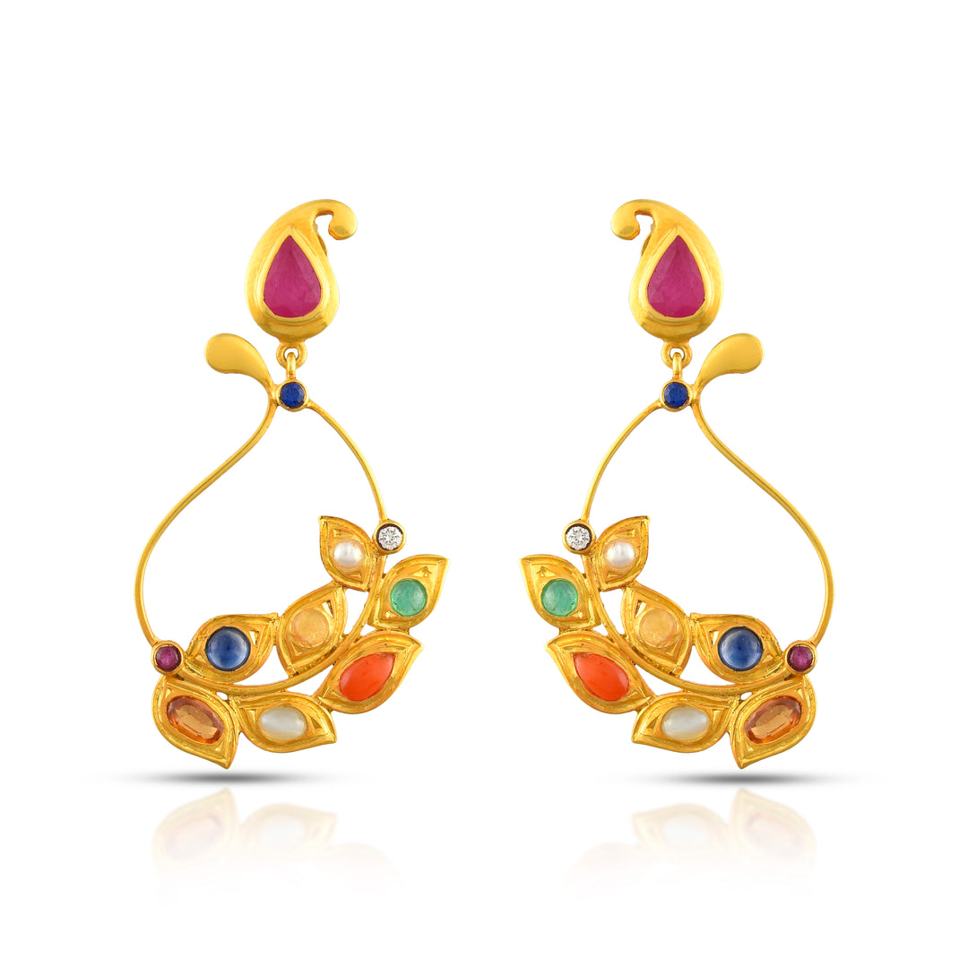 Navratna Leaf Drop Earrings in 18 Kt