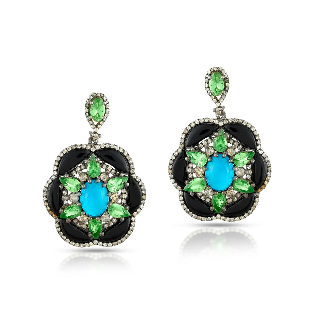 Opal, Tsavorite & Black Onyx Victorian Silver-Gold Drop Earrings