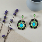 Load image into Gallery viewer, Opal, Tsavorite &amp; Black Onyx Victorian Silver-Gold Drop Earrings
