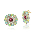 Load image into Gallery viewer, Opal &amp; Rubellite Cabochon Sunburst Victorian Silver-Gold Stud Earrings
