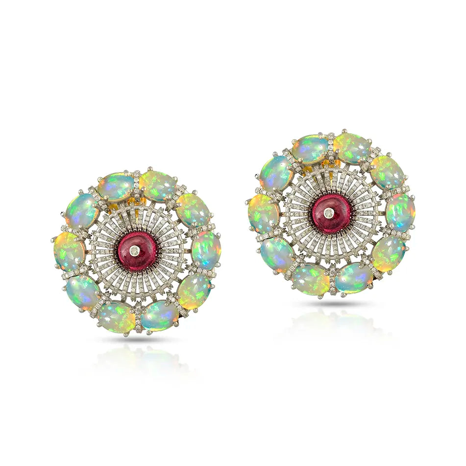 Opal & Rubellite Cabochon Sunburst Victorian Silver-Gold Stud Earrings