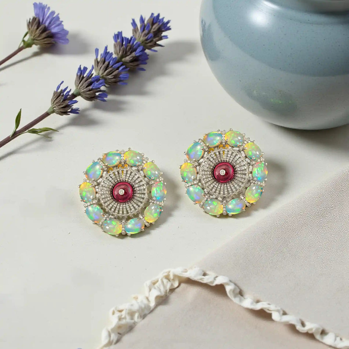 Opal & rubellite cabochon sunburst victorian silver gold stud earrings
