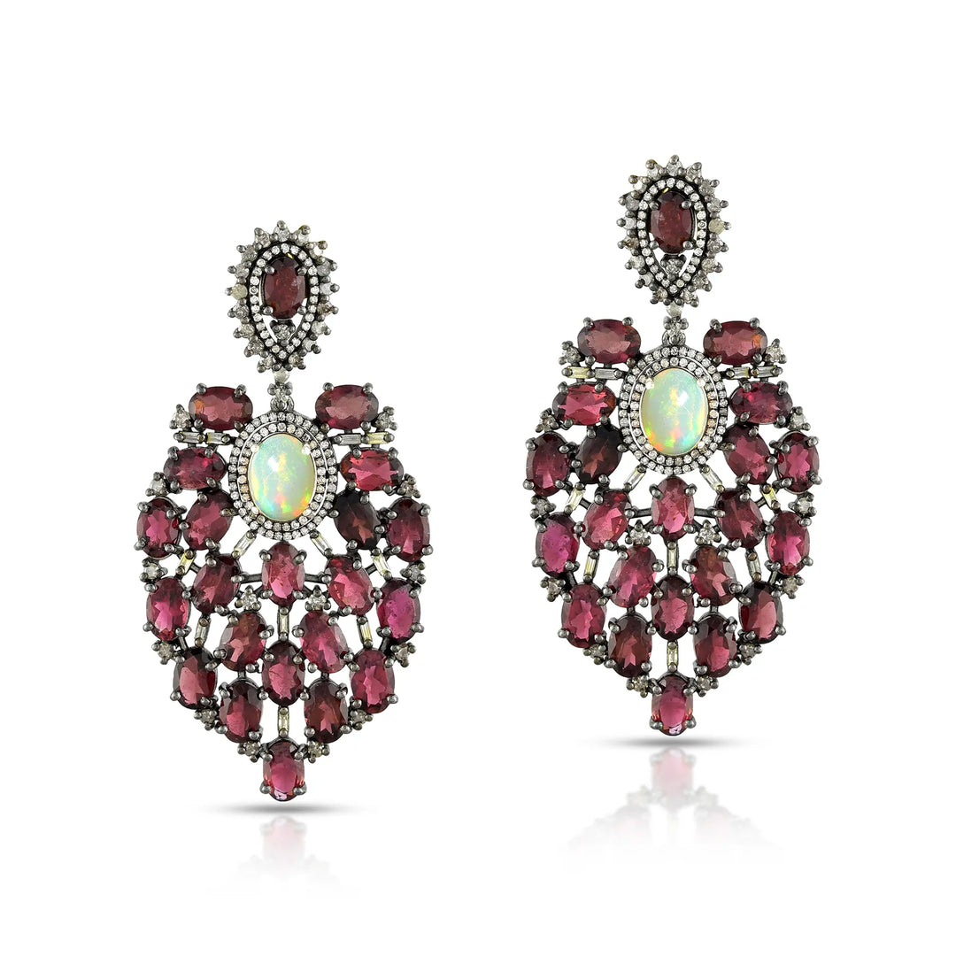 Opal & Pink Tourmaline Victorian Silver-Gold Chandelier Earrings
