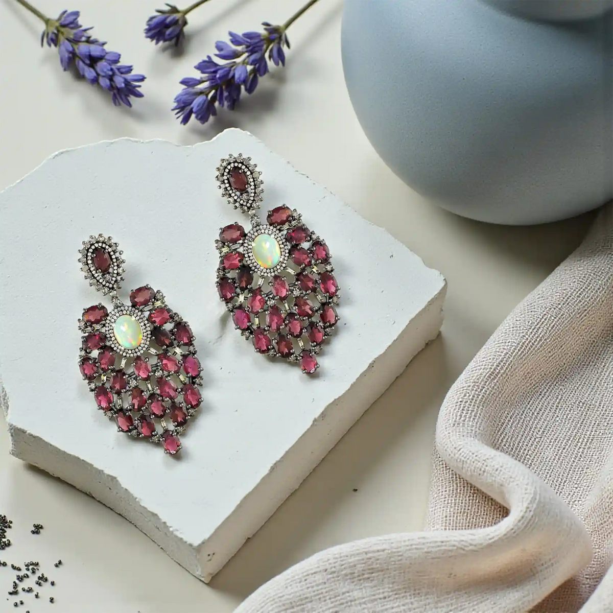 Opal & pink tourmaline victorian silver gold chandelier earrings