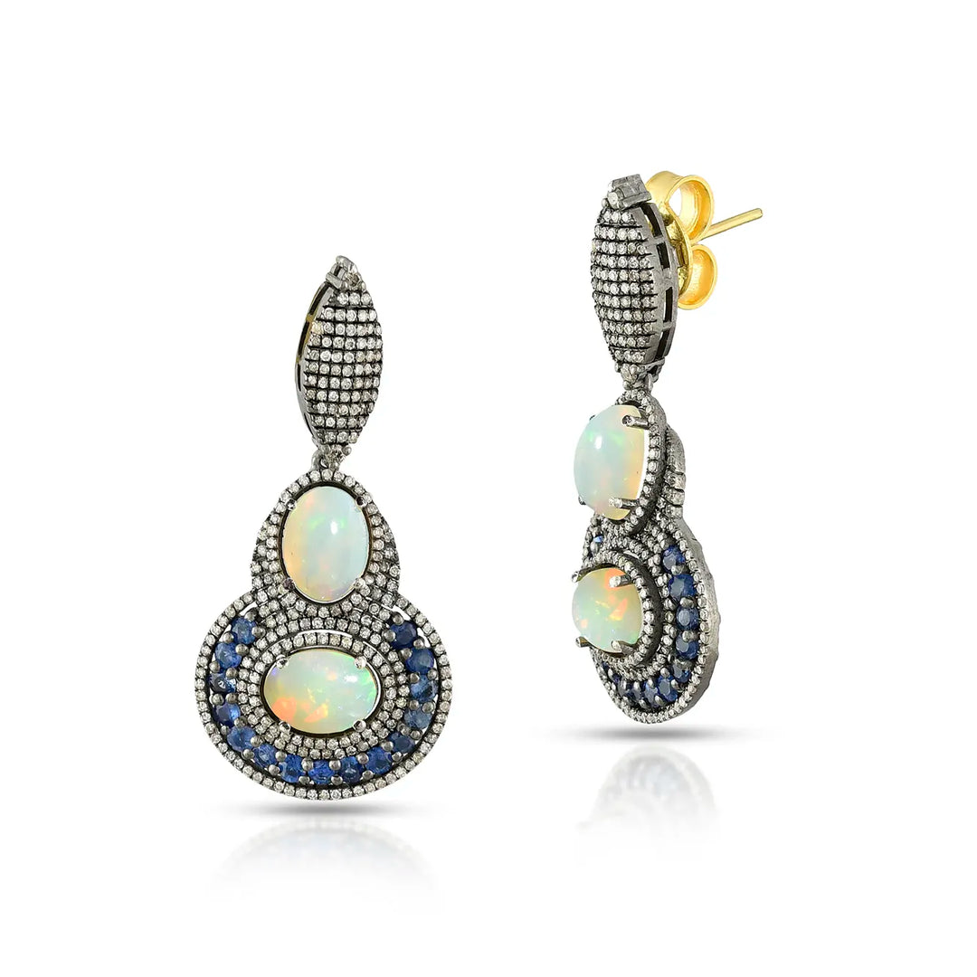 Double Opal & Blue Sapphire Victorian Silver-Gold Drop Earrings