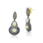 Load image into Gallery viewer, Double Opal &amp; Blue Sapphire Victorian Silver-Gold Drop Earrings
