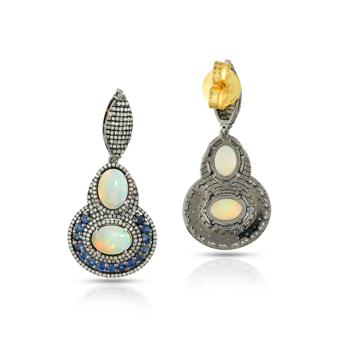 Double Opal & Blue Sapphire Victorian Silver-Gold Drop Earrings