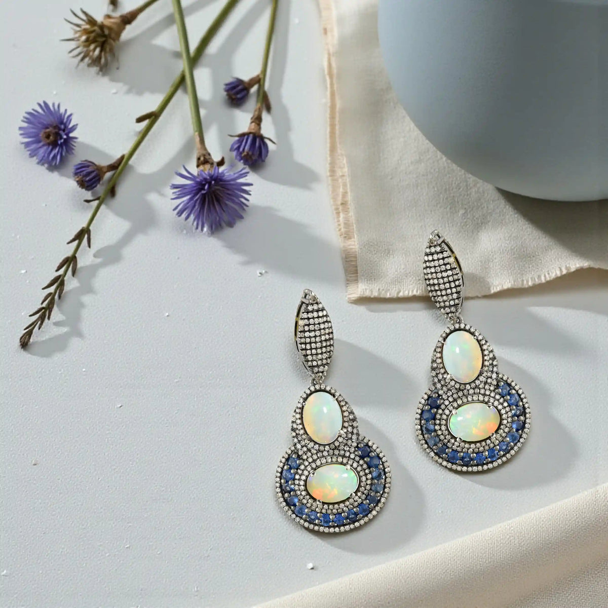 Double opal & blue sapphire victorian silver gold drop earrings