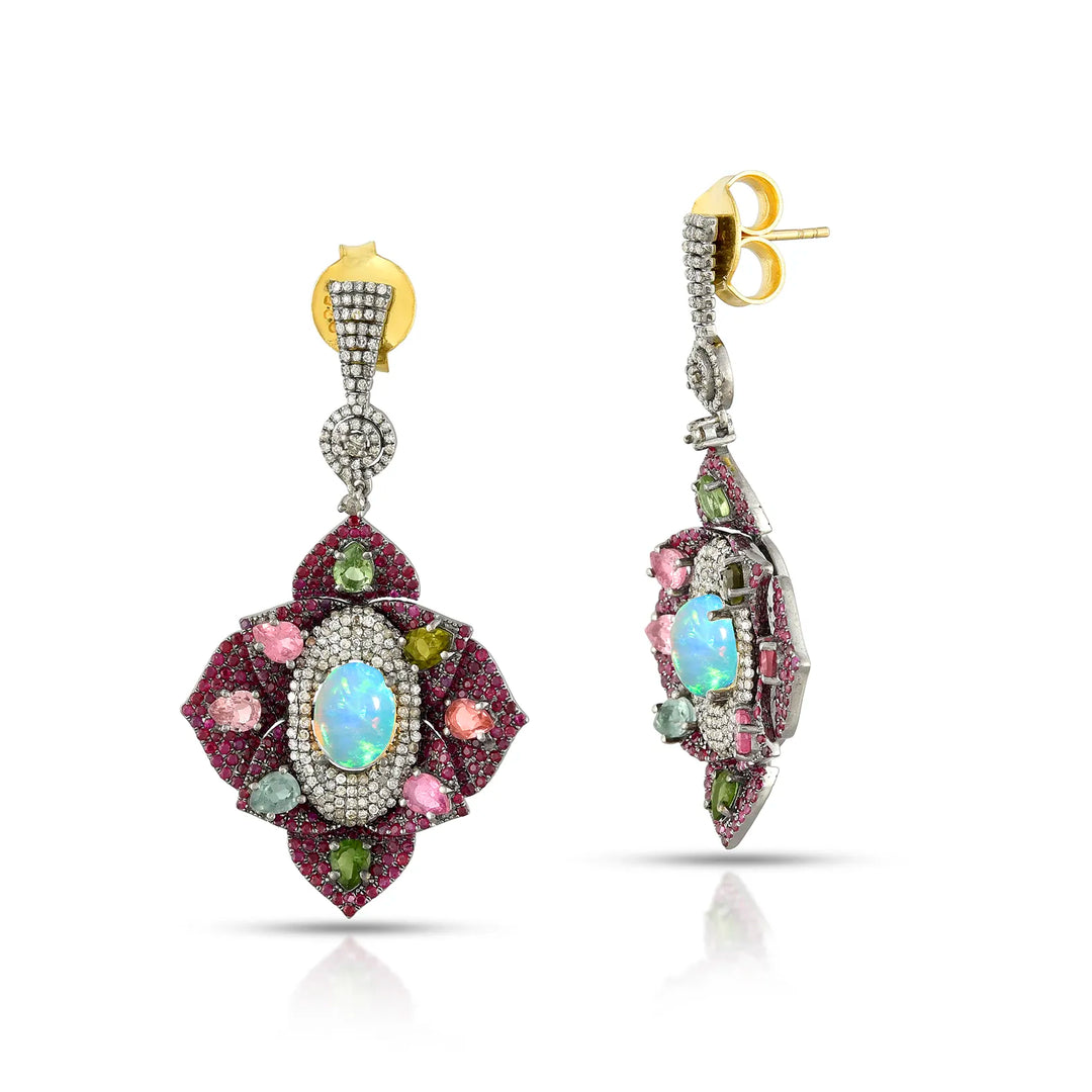 Opal, Ruby & Tourmaline Victorian Silver-Gold Statement Earrings