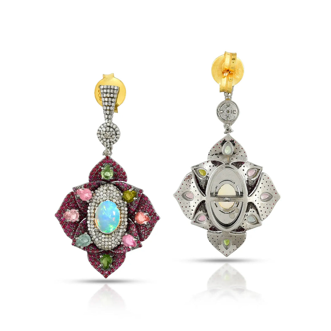 Opal, Ruby & Tourmaline Victorian Silver-Gold Statement Earrings