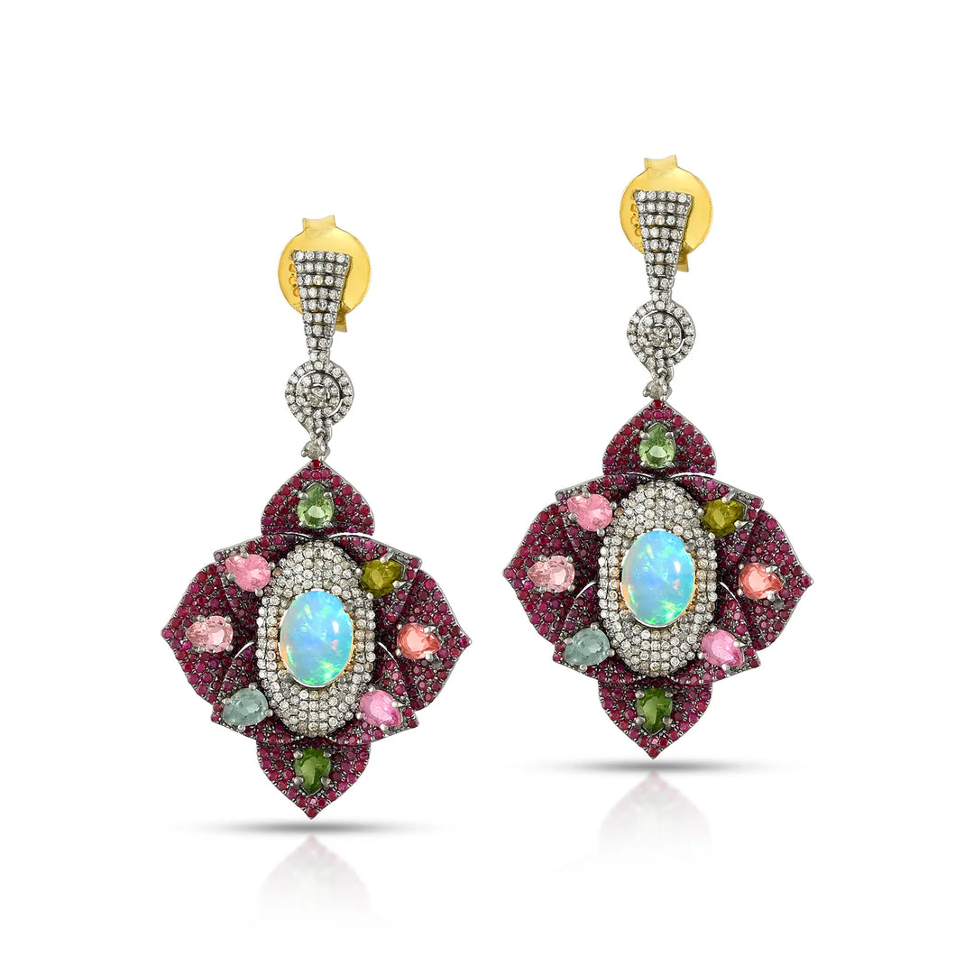 Opal, Ruby & Tourmaline Victorian Silver-Gold Statement Earrings