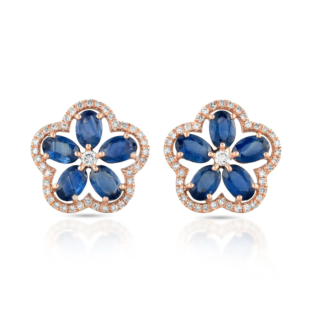 Midnight Sapphire Flower Rose Gold Studs in 18 Kt
