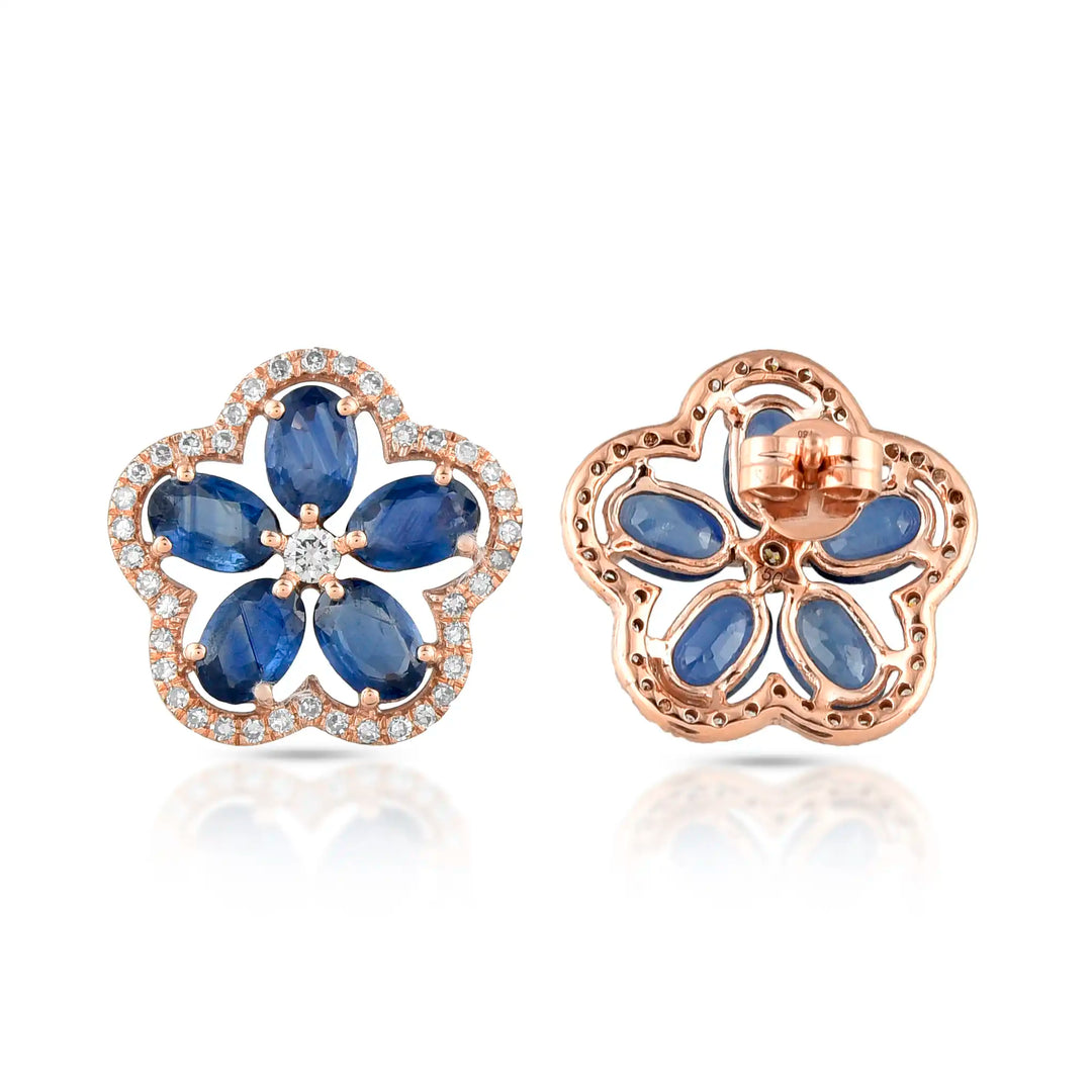 Midnight Sapphire Flower Rose Gold Studs in 18 Kt