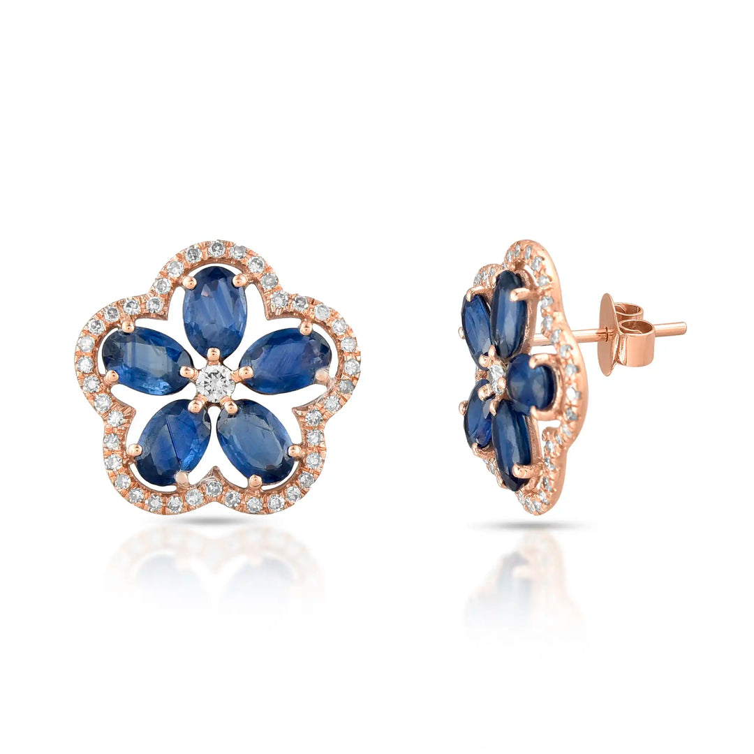 Midnight Sapphire Flower Rose Gold Studs in 18 Kt