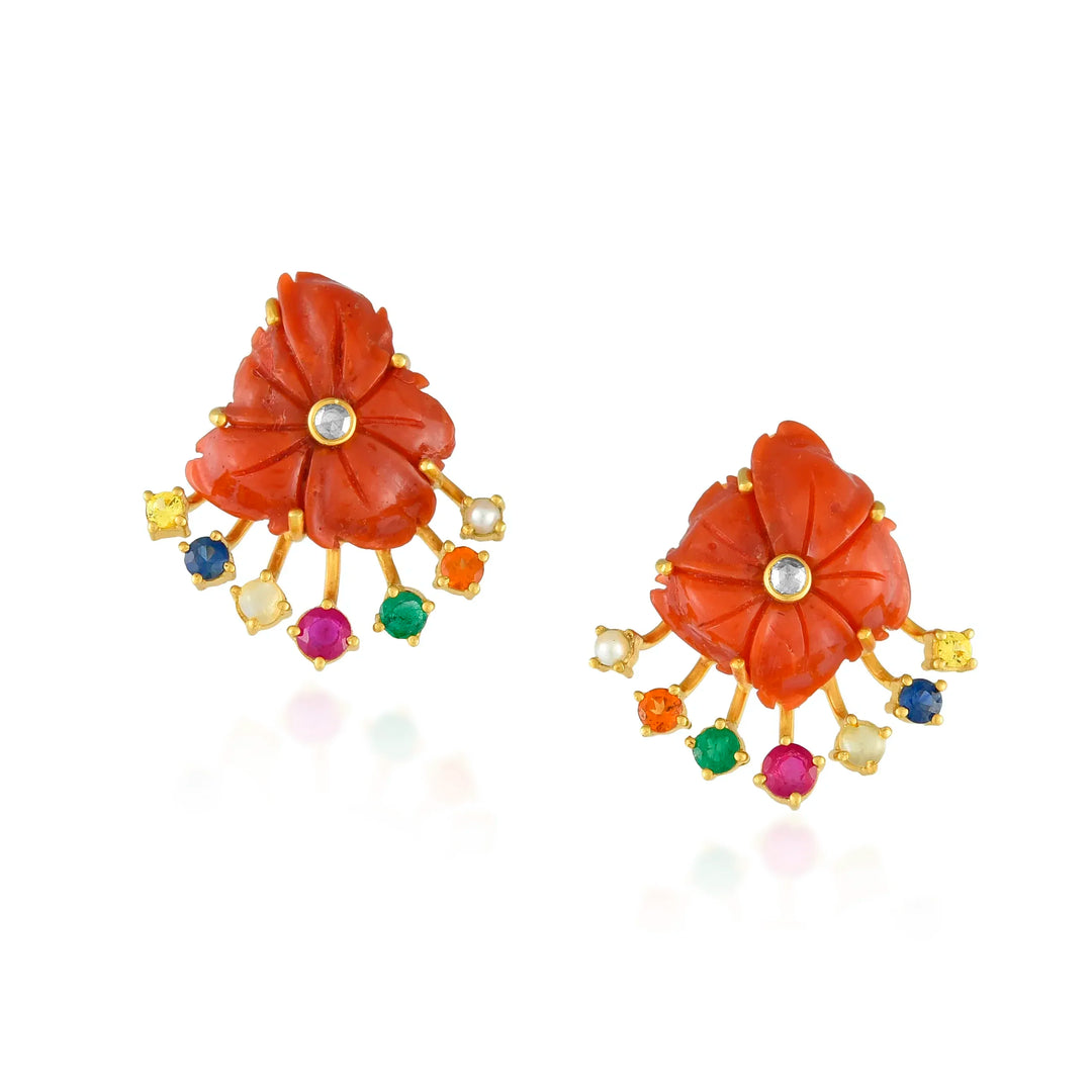 Coral and Navratna Earrings in 18 Kt