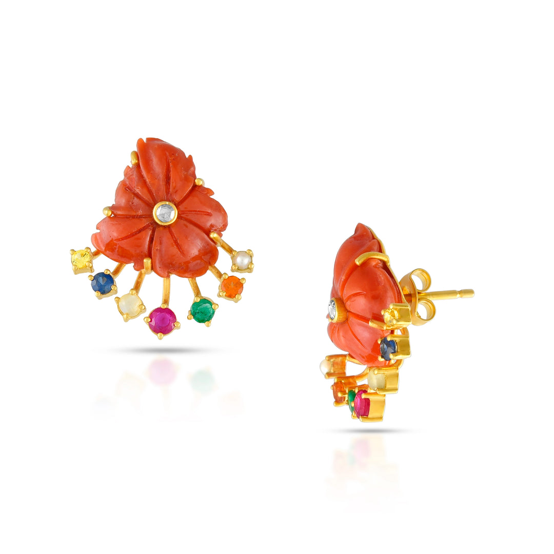Coral and Navratna Earrings in 18 Kt