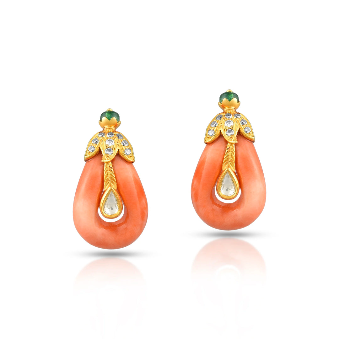 Coral & Diamond Elegance Earrings in 18 Kt