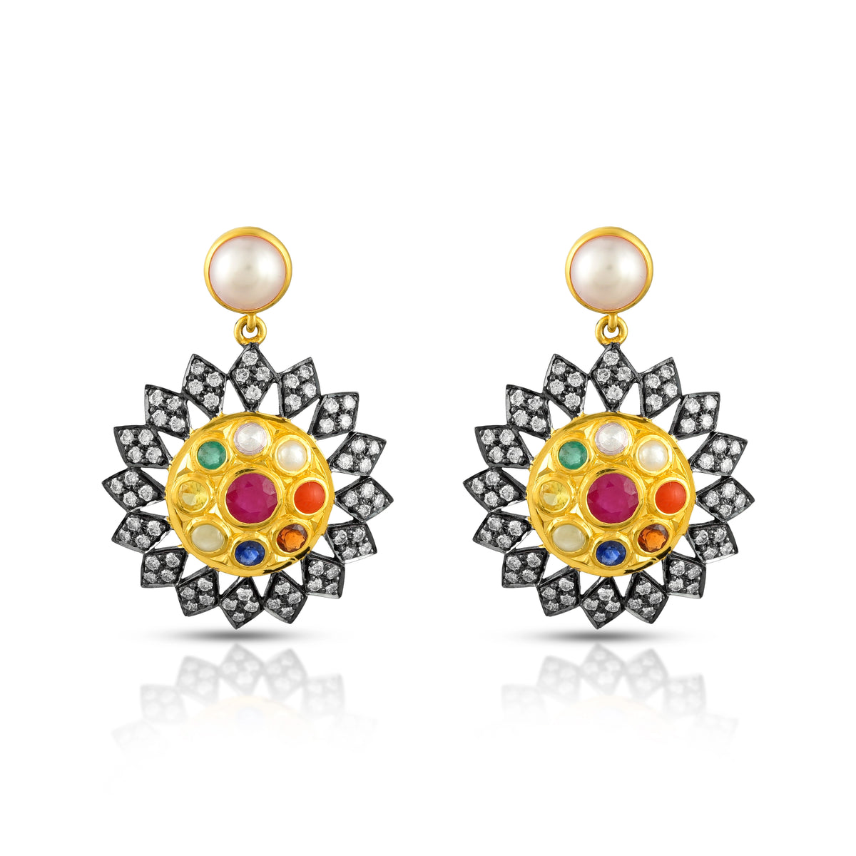 Navratna pearl & diamond victorian earrings