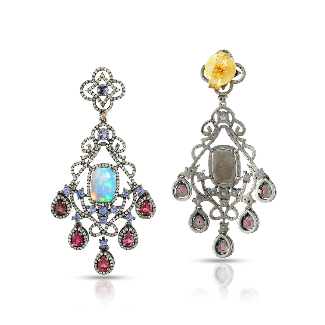 Opal, Tanzanite & Pink Tourmaline Victorian Silver-Gold Chandelier Earrings