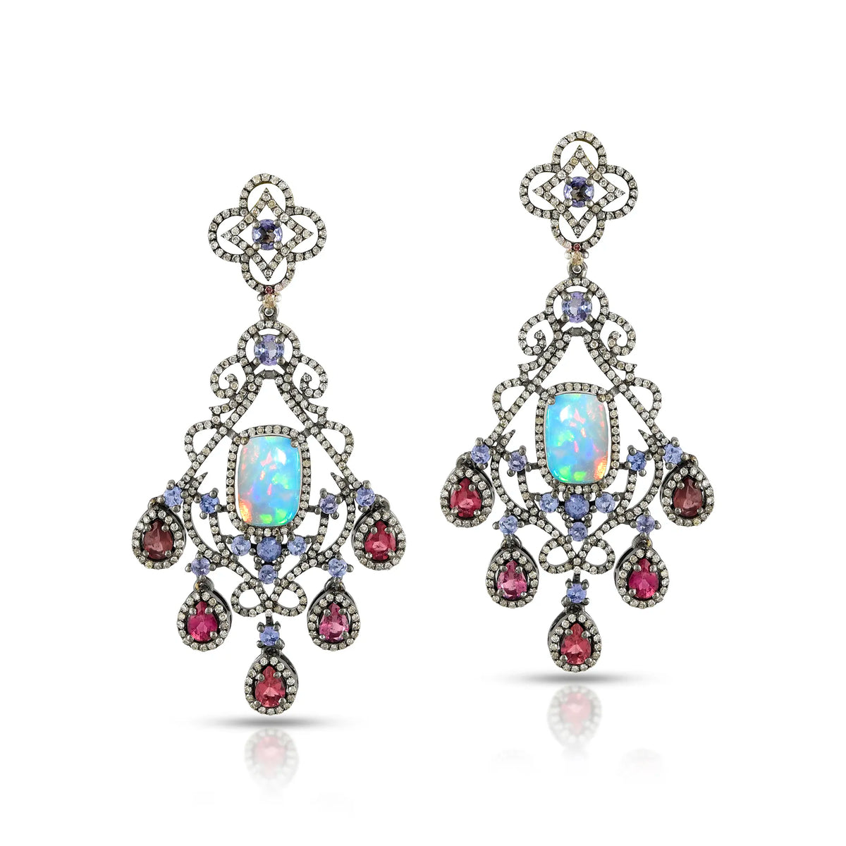 Opal, tanzanite & pink tourmaline victorian silver gold chandelier earrings