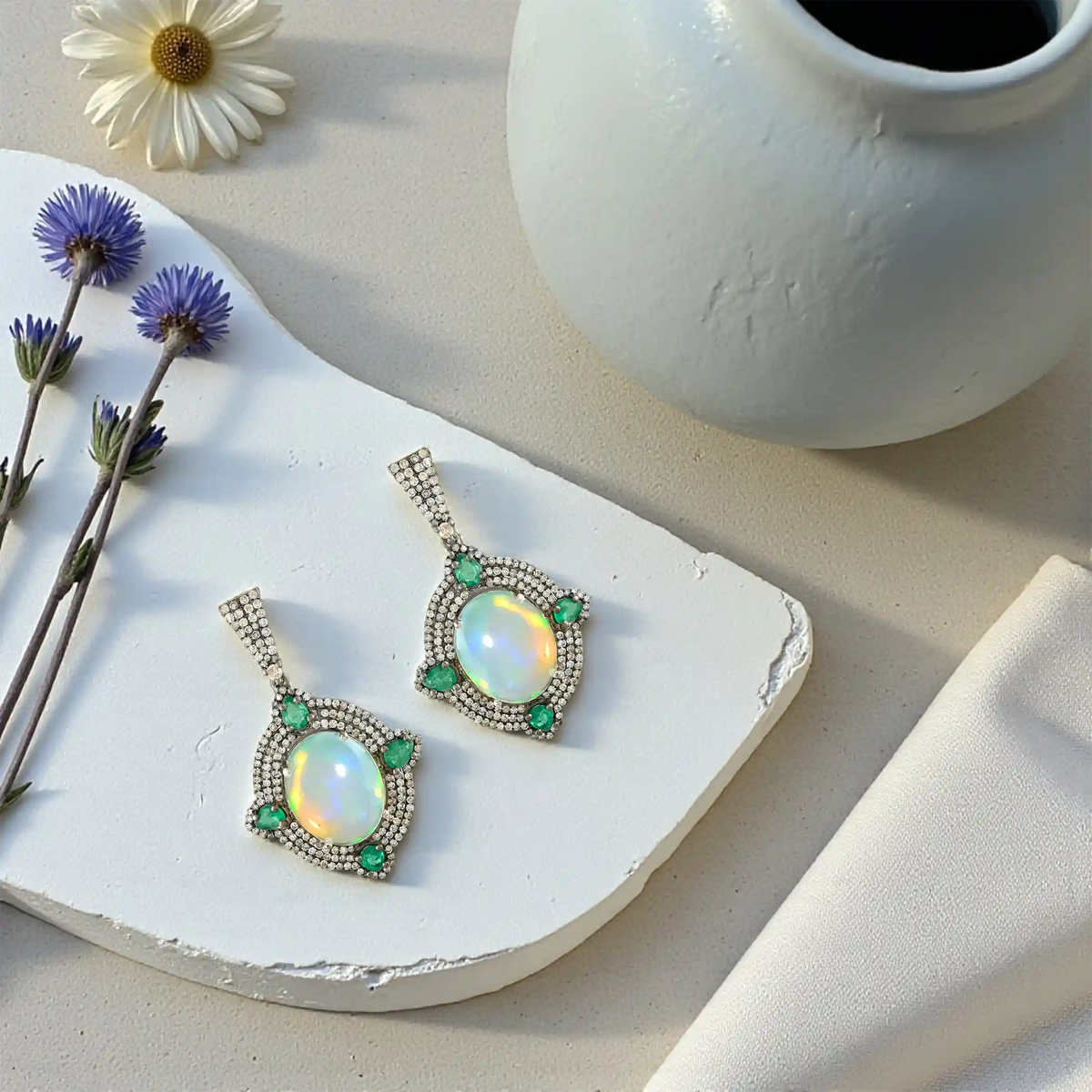 Opal & emerald victorian silver gold drop earrings
