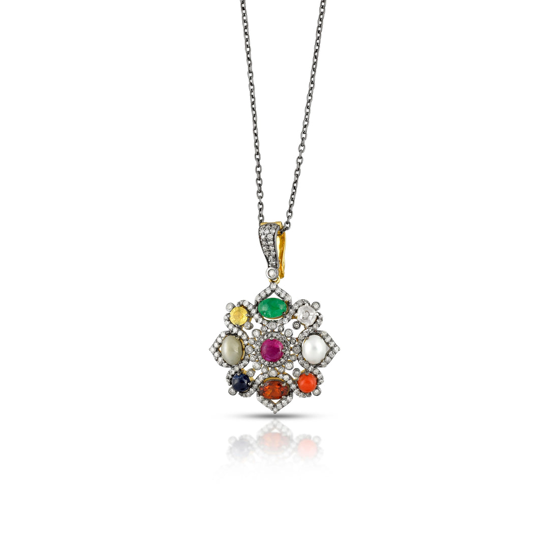 Celestial Navratna Victorian Pendant Necklace
