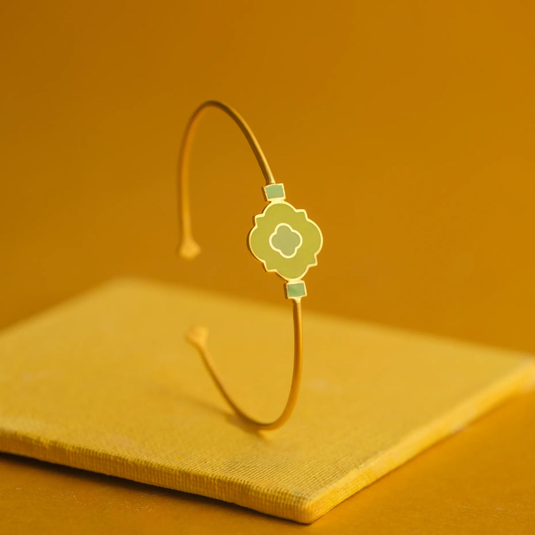 Green Petal Enamel Open Bangle in 18 Kt