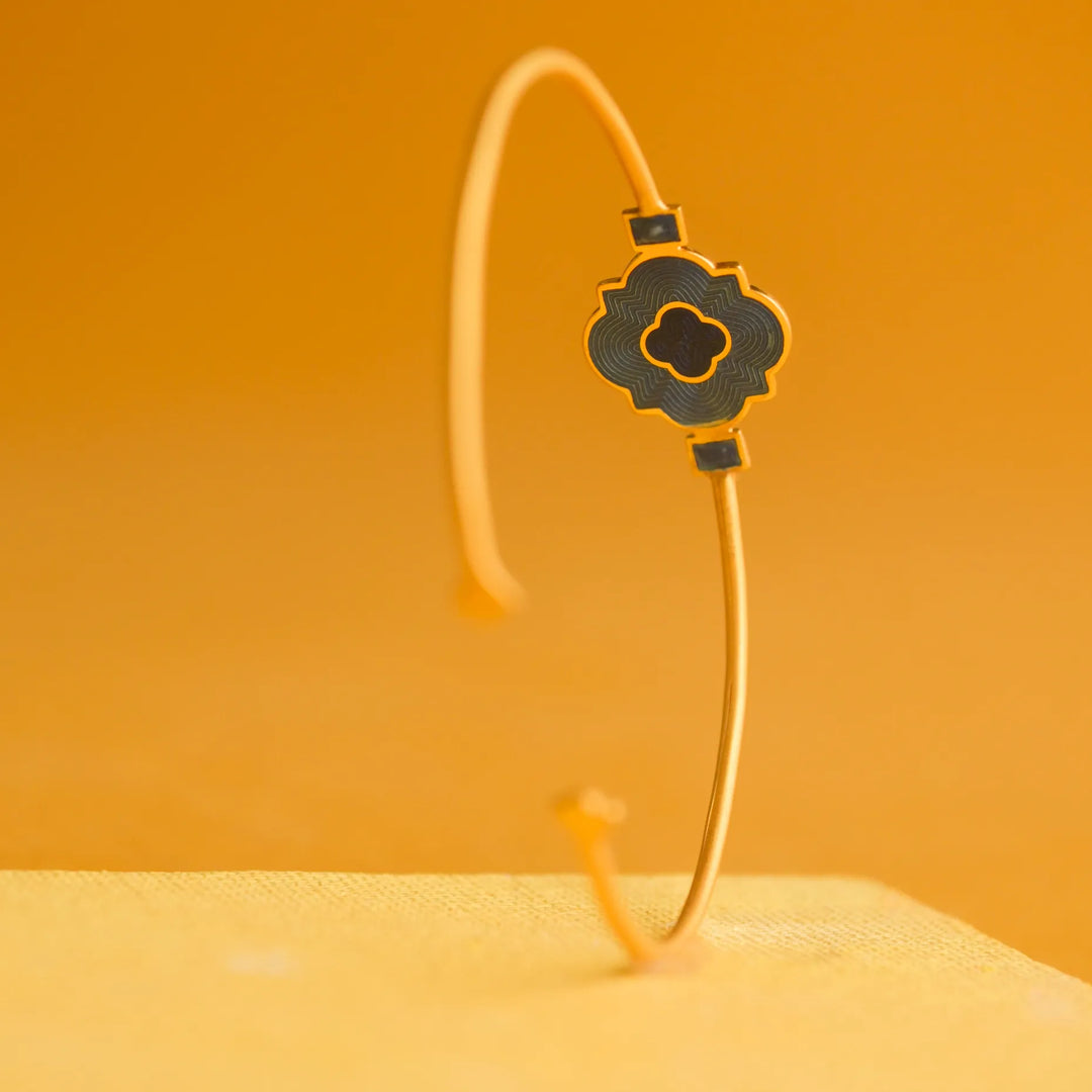 Green Petal Enamel Open Bangle in 18 Kt