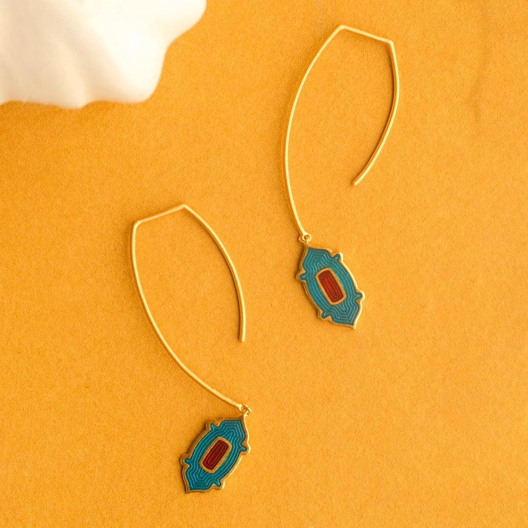 Enamel Drop Hook Gold Earrings in 18 Kt
