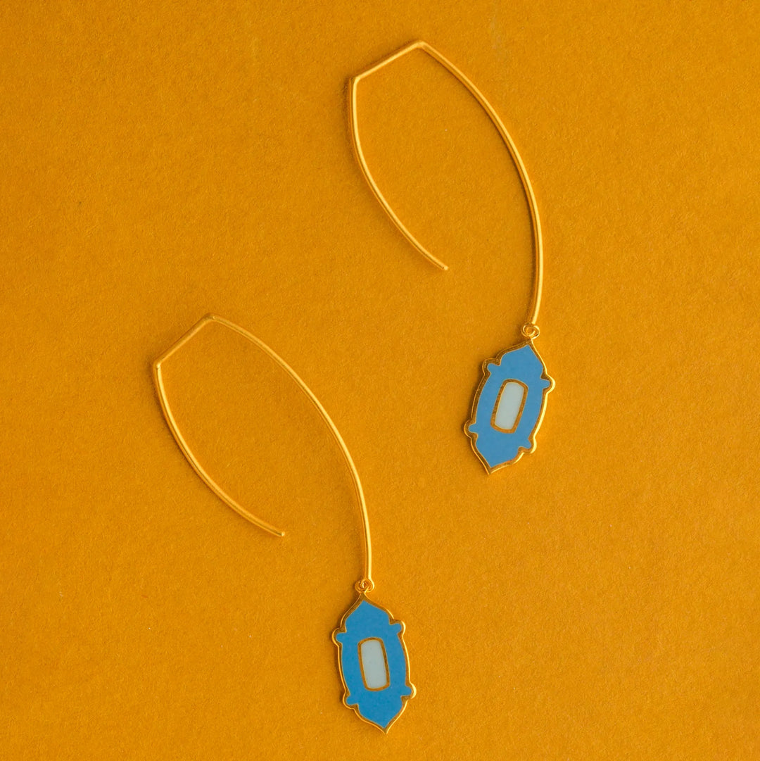 Enamel Drop Hook Gold Earrings in 18 Kt