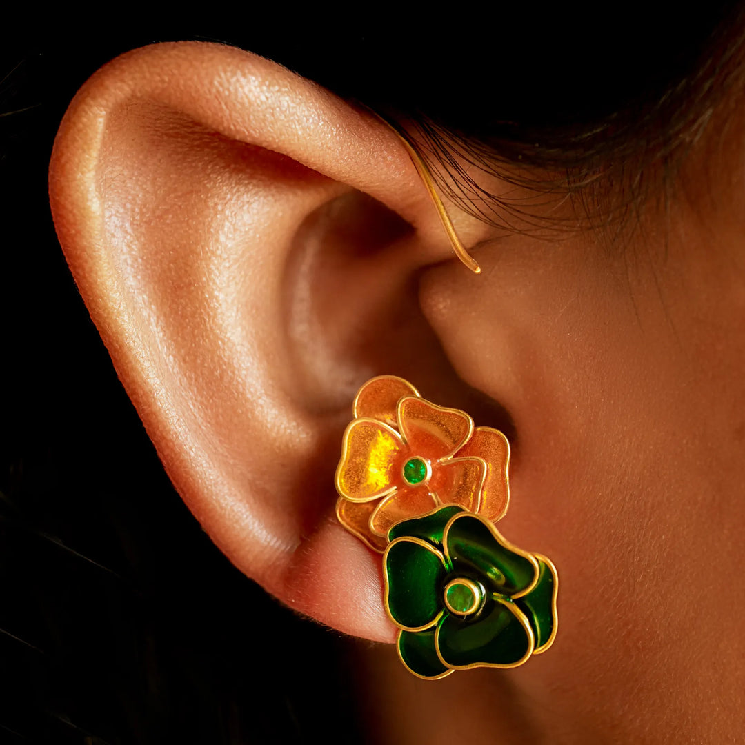 Enamel Bloom Gold Earrings in 18 Kt